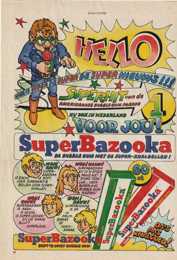 Retro reclame 1973 SuperBazooka kauwgum supernieuws, Verzenden, Overige typen