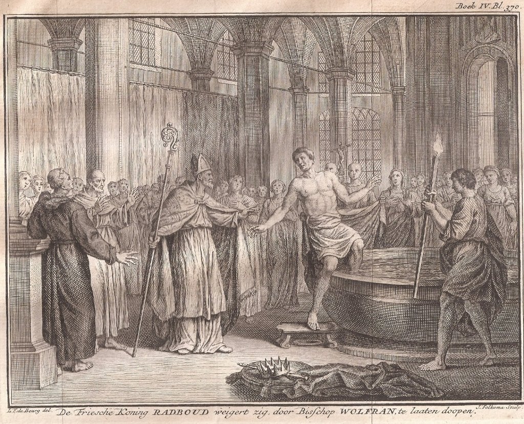De Friese Koning Radbod laat zich niet dopen, 719, Origineel, Ophalen of Verzenden, Gravure, 16 cm