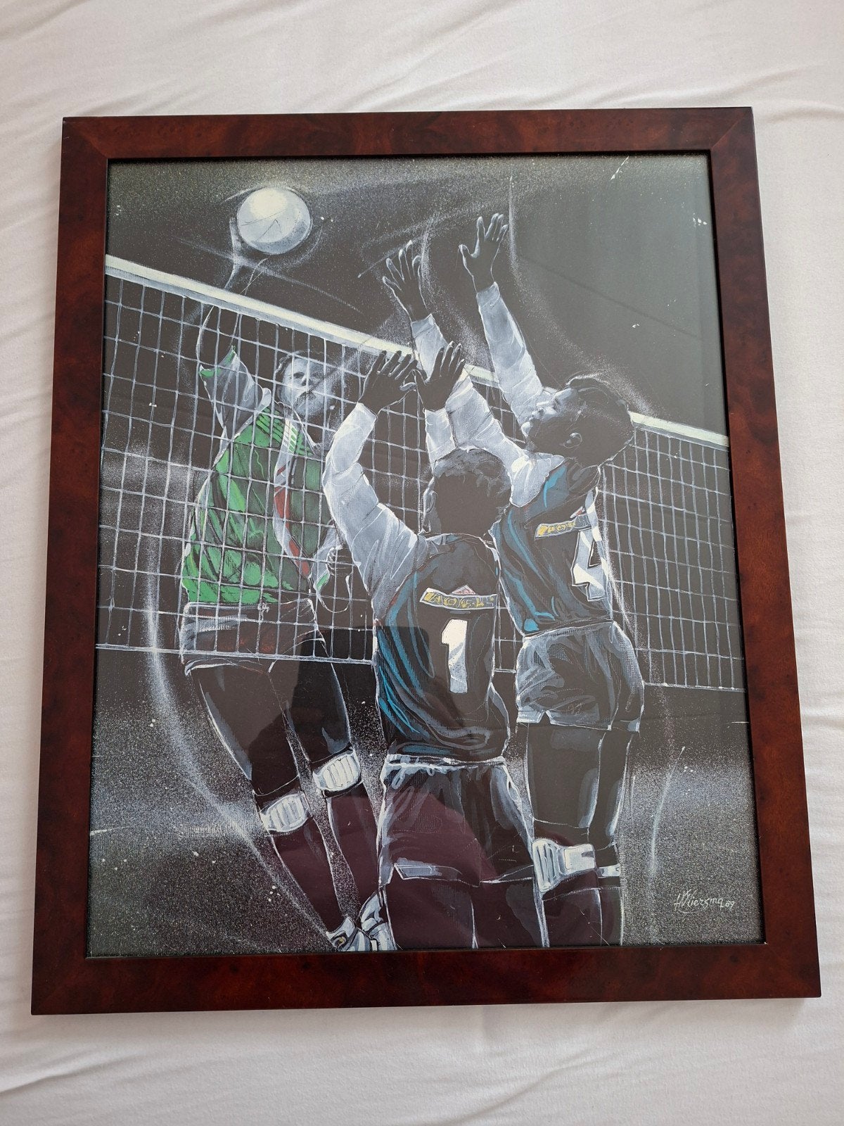 Vintage Volleybal Kunstprint - Gesigneerd H. Wiersma '89, Antiek en Kunst, Ophalen, Ingelijst, Print, Hout