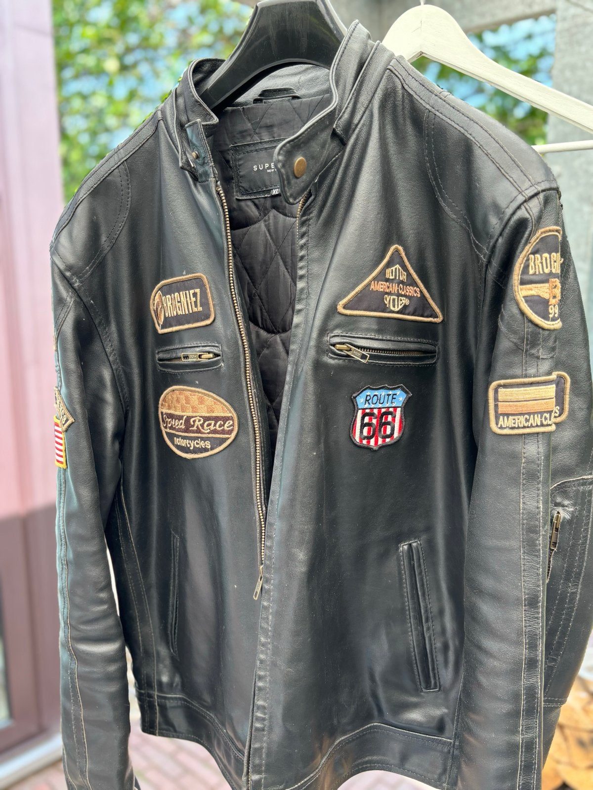 Leren Motorjas met Patches - Superior New York XL, Ophalen of Verzenden, Gedragen, Maat 56/58 (XL), Zwart