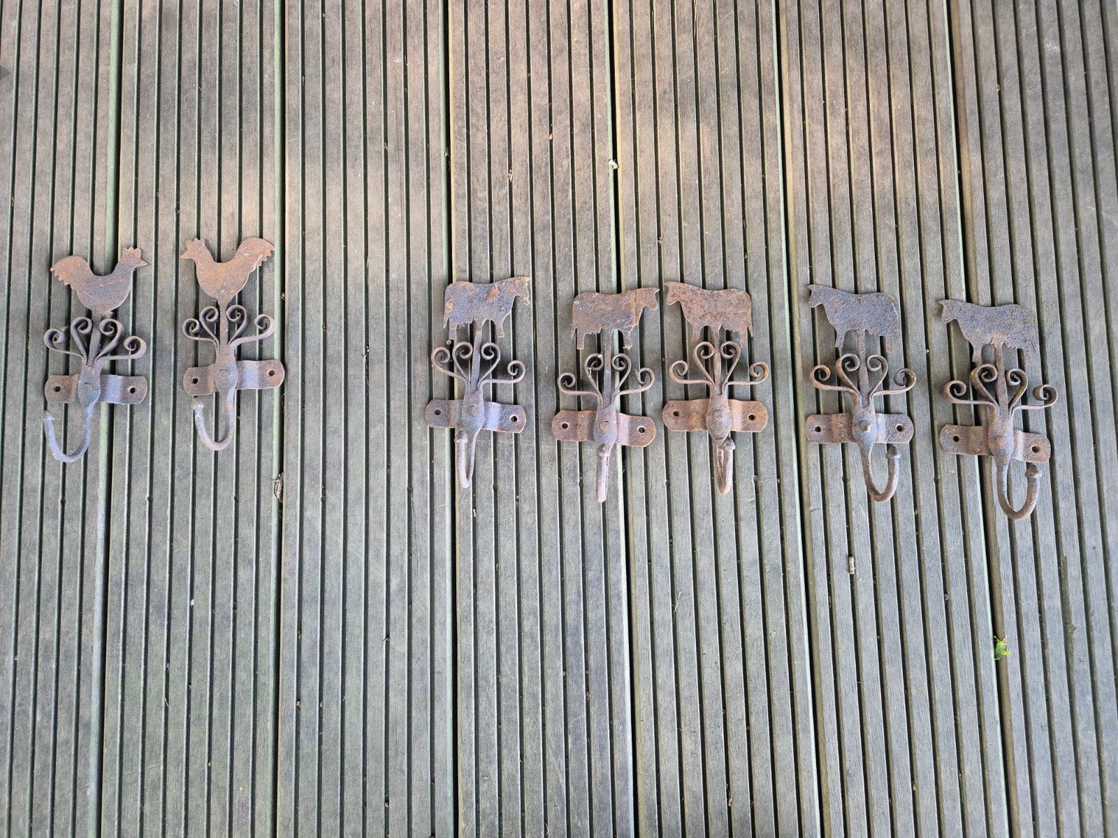 Set van 7 Antieke Smeedijzeren Haken met Dierfiguren, Ophalen of Verzenden