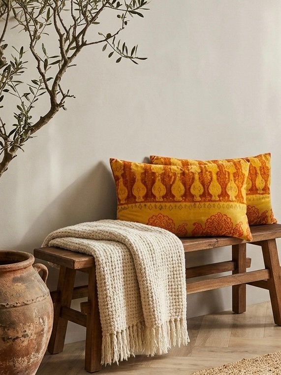 sierkussens oranje terra geel velvet linnen groot bohemian, Huis en Inrichting, Woonaccessoires | Kussens, Overige merken, Geel