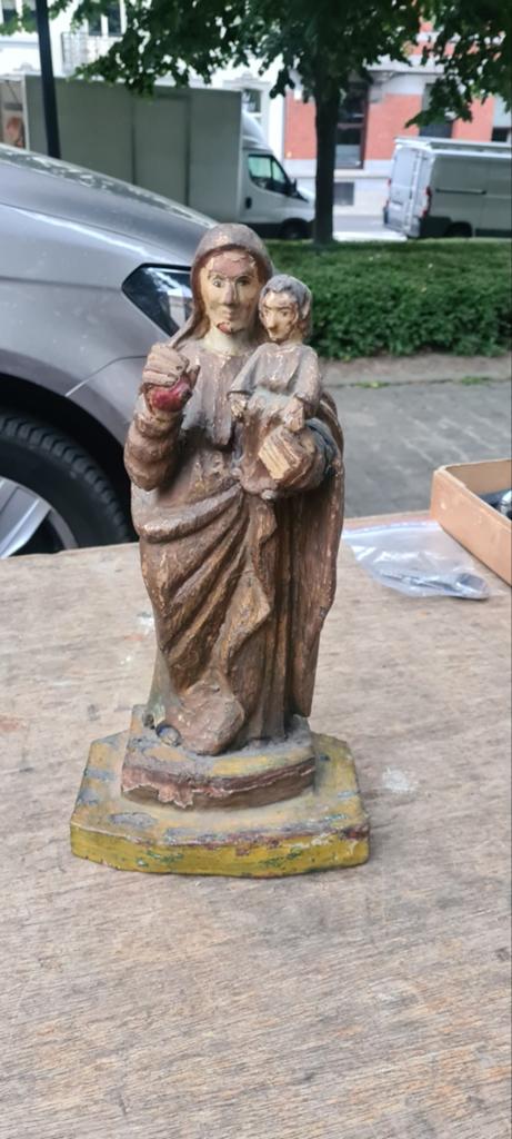 Antiek religieus houten beeld – Madonna met Kind, Ophalen of Verzenden