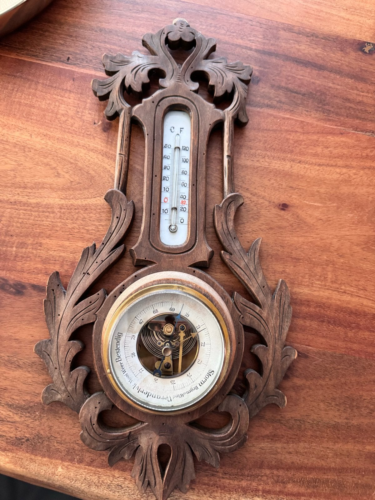 Antieke Barometer en Thermometer - Houtsnijwerk, Ophalen, Gebruikt, Weerstation