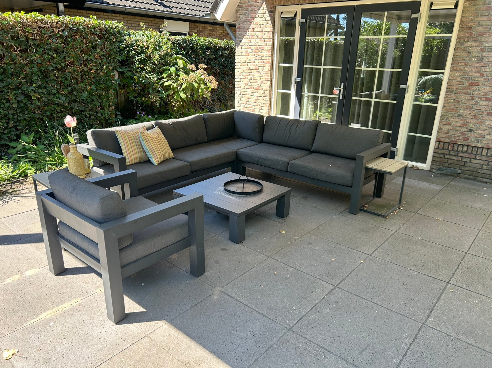 Lounge set aluminium met kussens en tafel, Ophalen, Gebruikt, 6 zitplaatsen, Aluminium