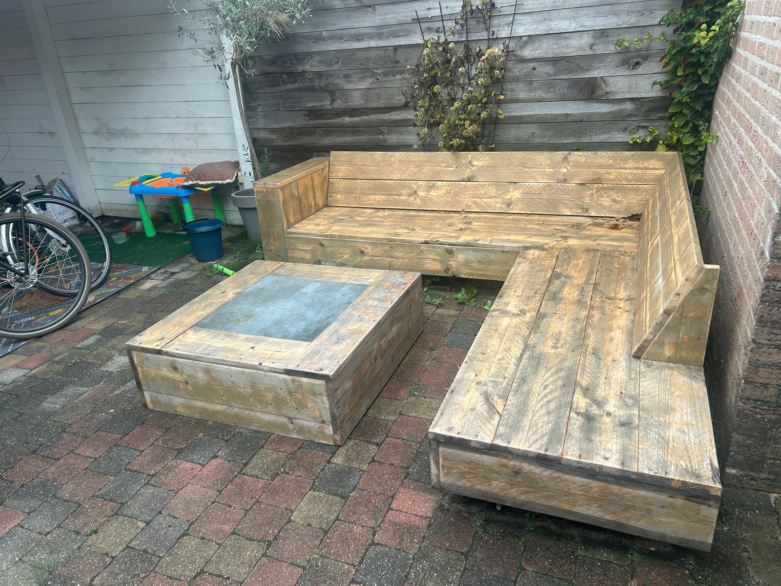 Steigerhouten loungeset met salontafel, Ophalen, 4 zitplaatsen, Gebruikt, Steigerhout