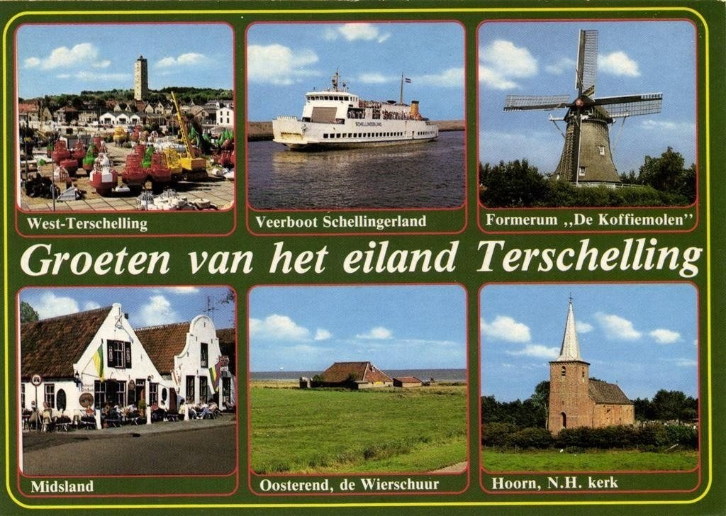 Groeten van het eiland Terschelling - 6 afb o.a. Midsland mo, Ophalen of Verzenden, 1980 tot heden, Gelopen, Friesland