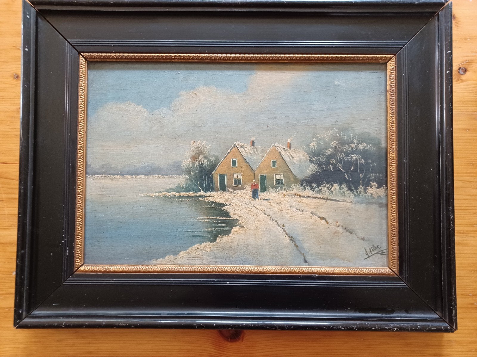 Schilderij J. Vries  Winterlandschap met huizen, Ophalen of Verzenden