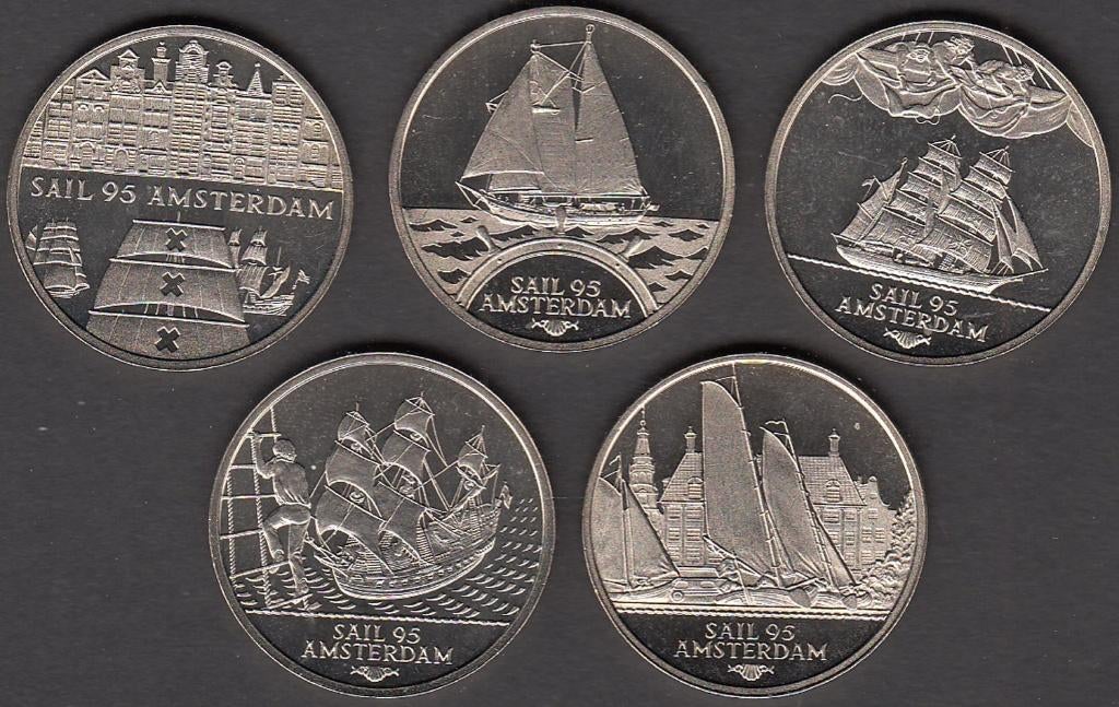 Nederland set penningen (5) Sail Amsterdam 1995 2 ECU UNC, Ophalen of Verzenden, Overige materialen, Nederland