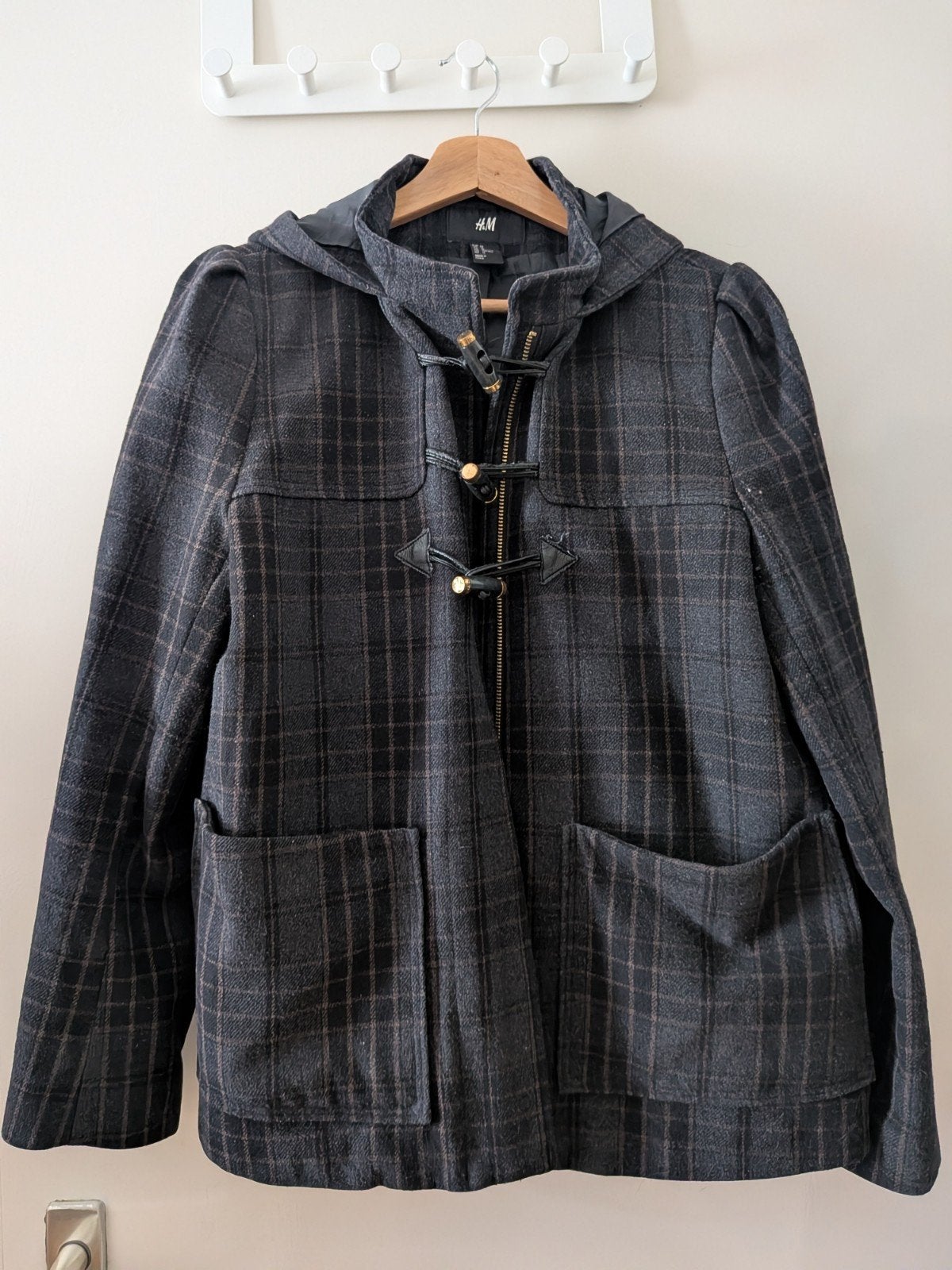 H&M geruite jas met capuchon - Maat 42 (L), Ophalen, H&M, Maat 42/44 (L), Grijs