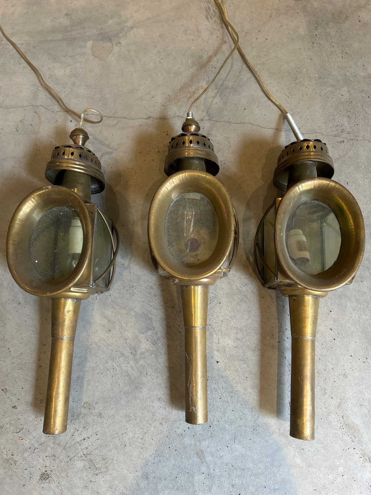 Set van 3 Nostalgische Koperen Koetslampen, Antiek en Kunst, Antiek | Lampen, Ophalen of Verzenden