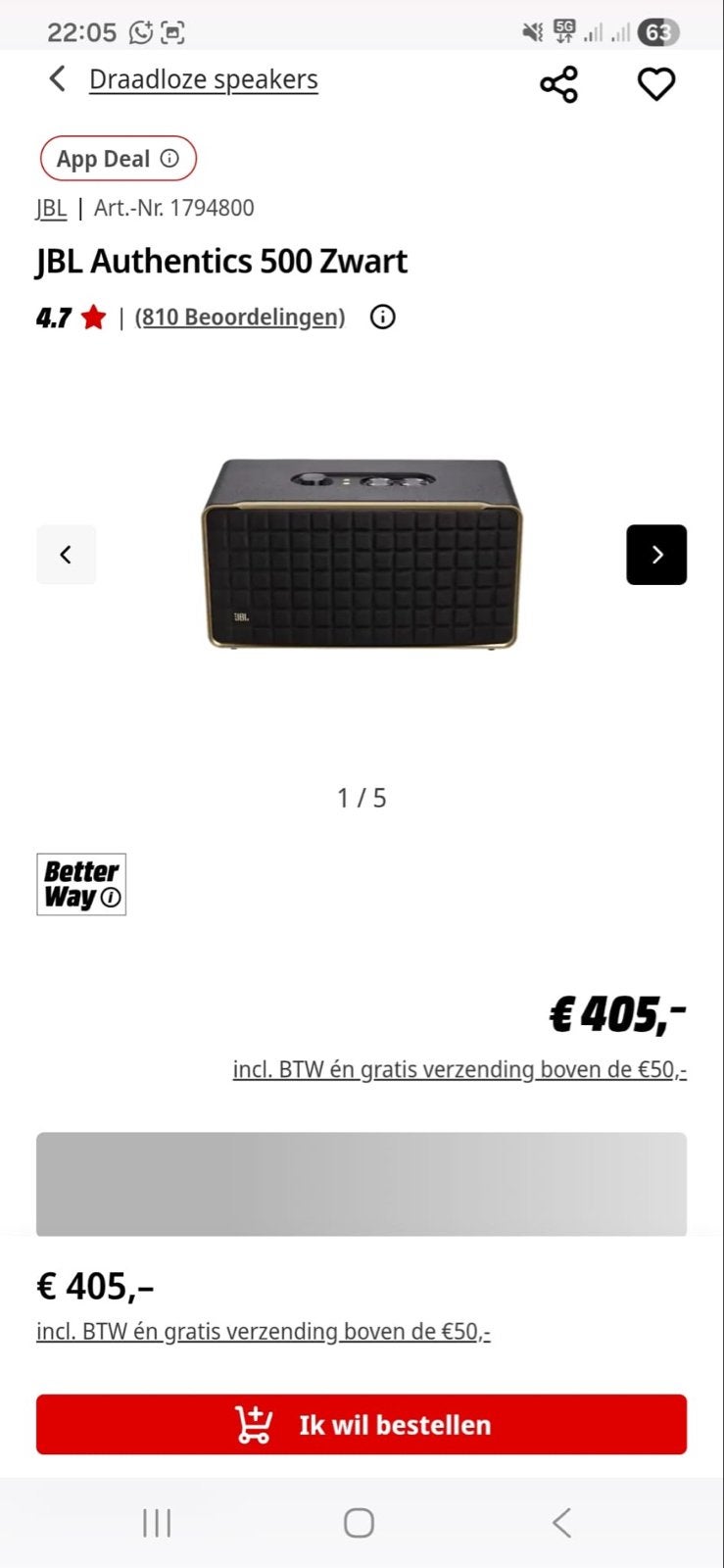 JBL Authentics 500 Zwart Draadloze Speaker, Ophalen of Verzenden, Zo goed als nieuw, Draagbare speaker, JBL