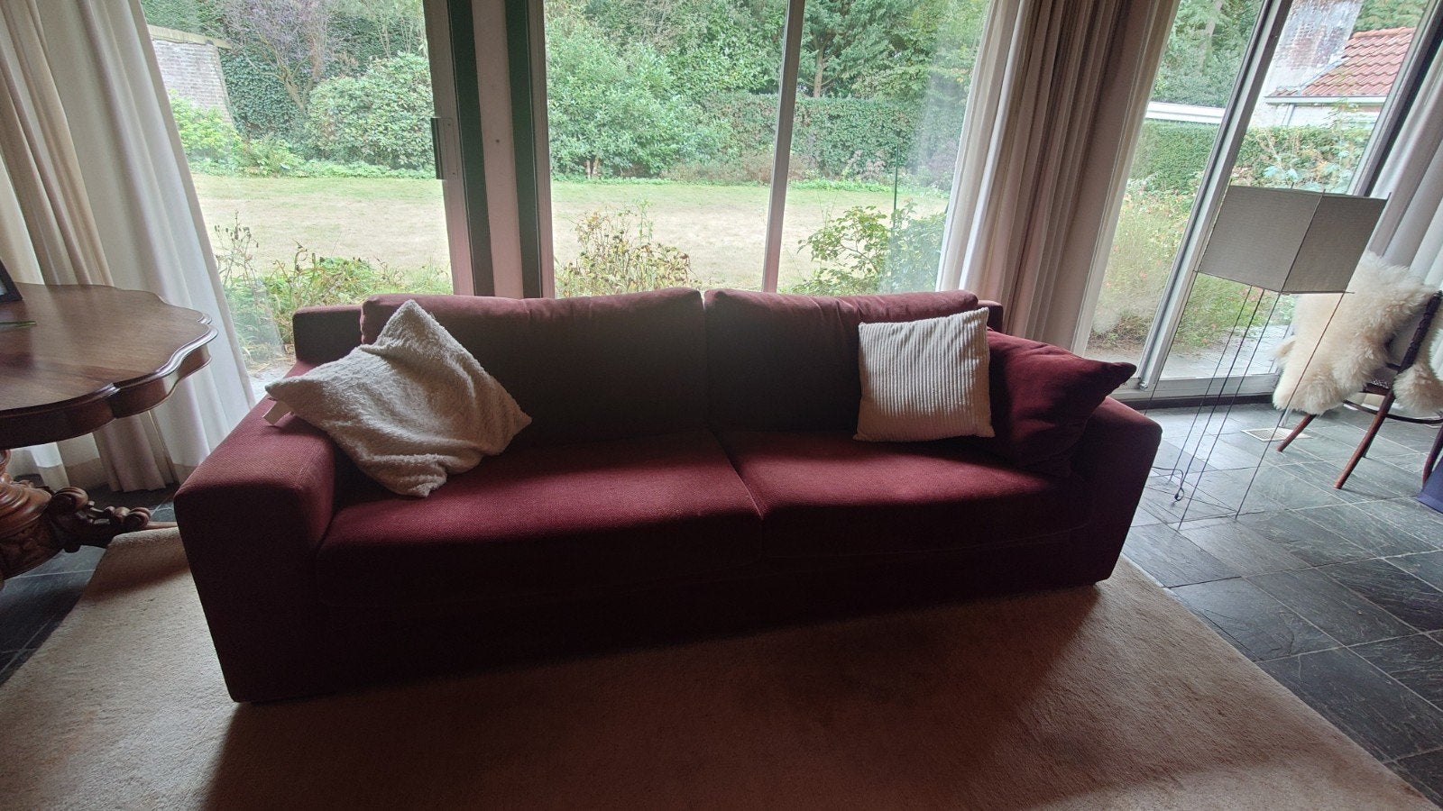 Comfortabele driepersoons bank, Bordeaux rood, 240cm, Huis en Inrichting, Ophalen, Gebruikt, Tweepersoons, 75 tot 100 cm