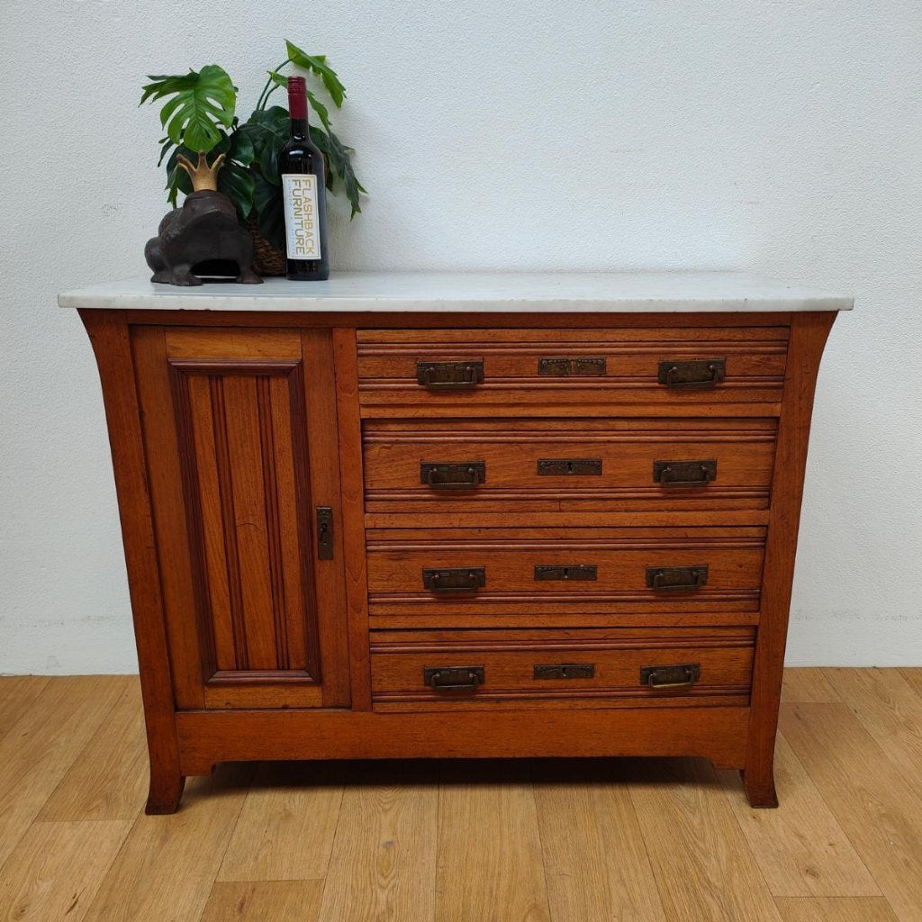 Vintage Antiek dressoir commode ladekast met marmer blad 505, Valkenswaard, Gebruikt, 100 tot 150 cm, Info@flashbackfurniture.nl