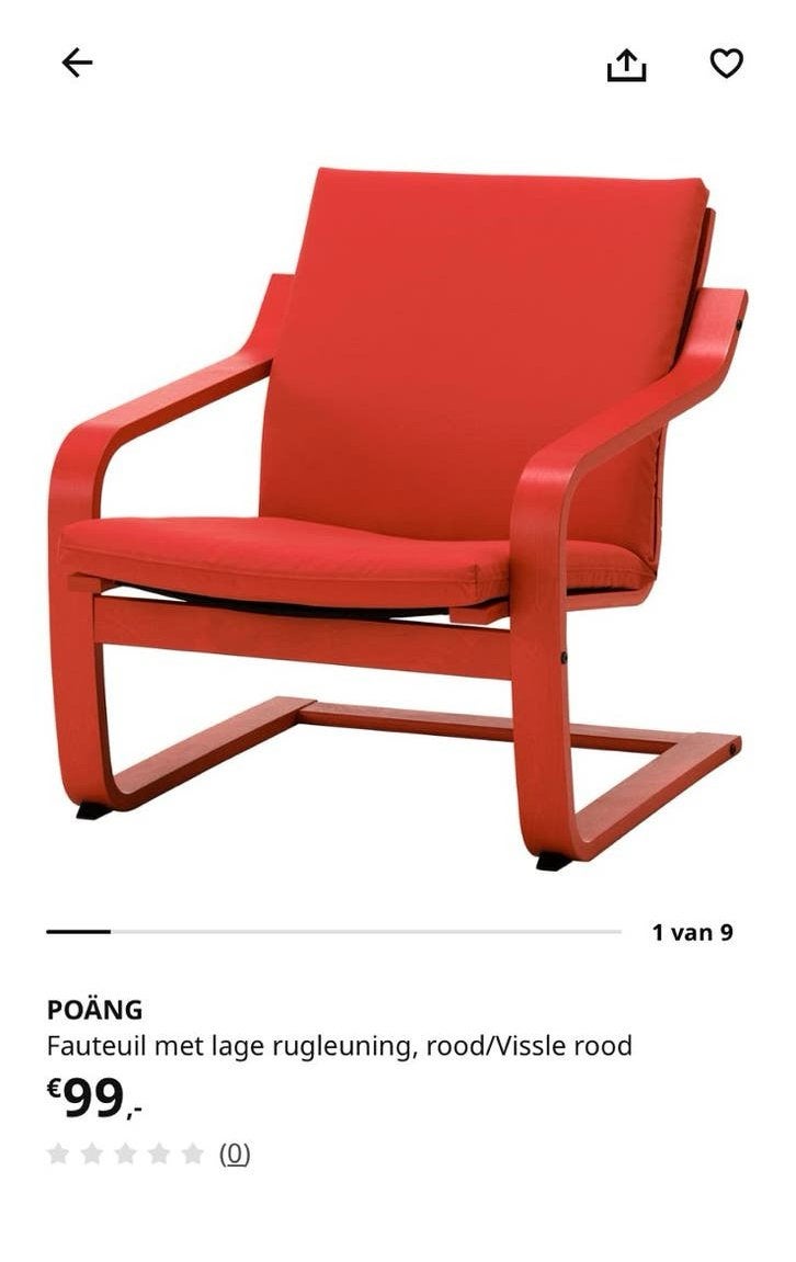 POÄNG IKEA fauteuil rood, Huis en Inrichting, Fauteuils, Ophalen, Zo goed als nieuw, Minder dan 75 cm, 50 tot 75 cm