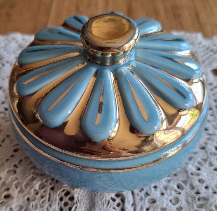 Vintage turquoise sierradendoosje met mini kaarsenhoudertjes, Antiek en Kunst, Curiosa en Brocante, Ophalen of Verzenden