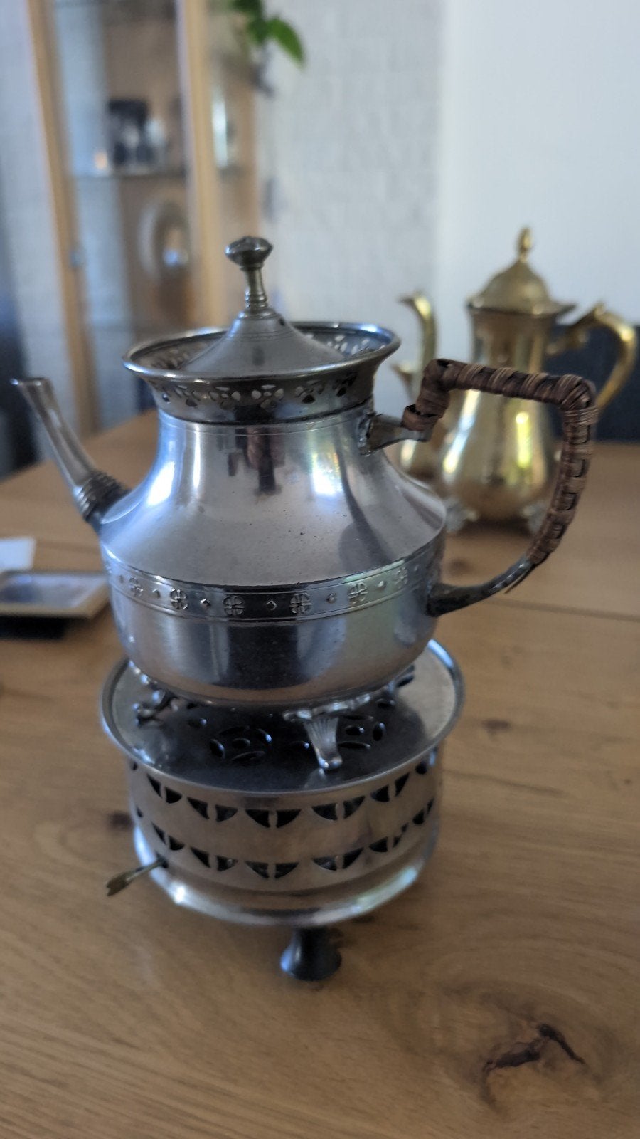 Antieke zilverkleurige theepot met rechaud - RIO, Ophalen of Verzenden