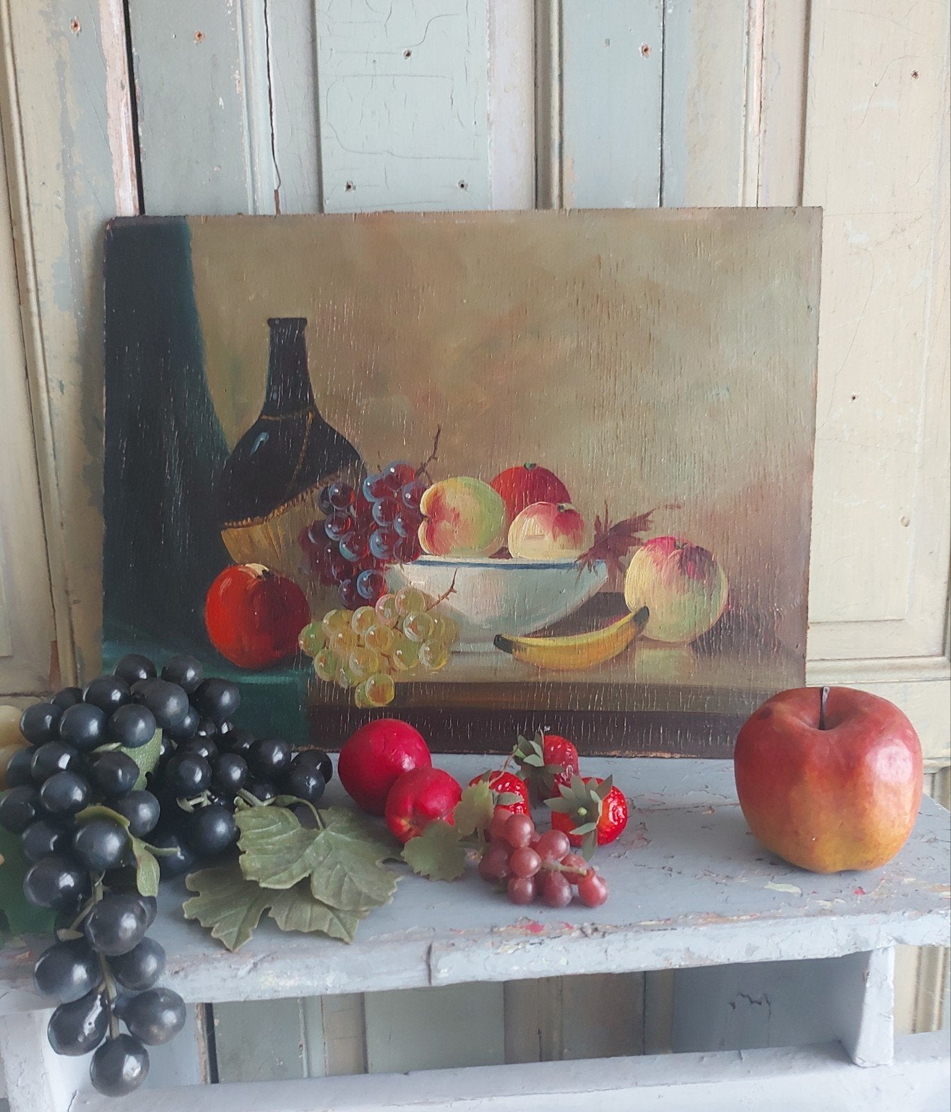 Antiek schilderij fruit stilleven olieverf op paneeltje., Ophalen of Verzenden