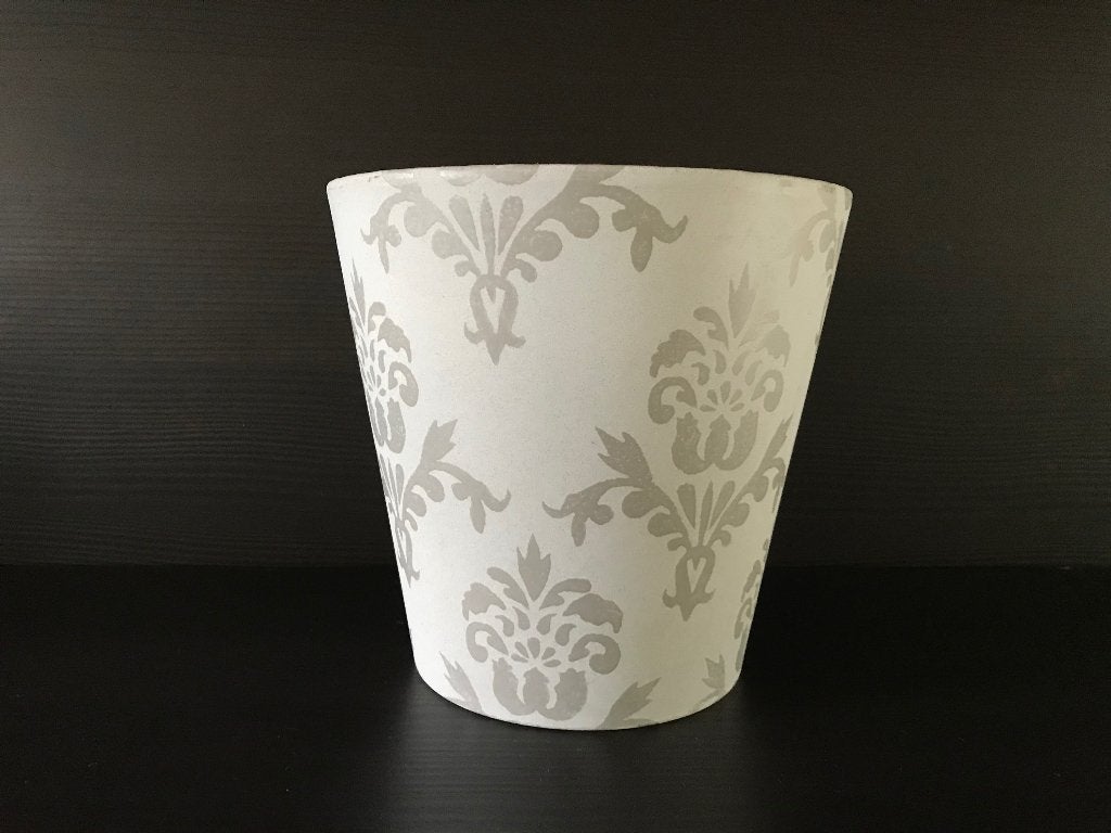 Grijze bloempot met Franse lelie motief ø 18 cm, Ophalen, Overige kleuren, Aardewerk of Porselein, Zo goed als nieuw