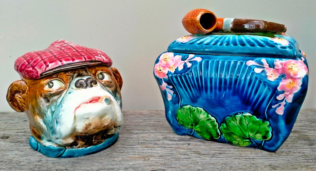 2x Antieke Majolica Pot & Deksel / Tabakspot - Zie Omschr, Ophalen of Verzenden, Zo goed als nieuw, Tabaksdoos of Verpakking