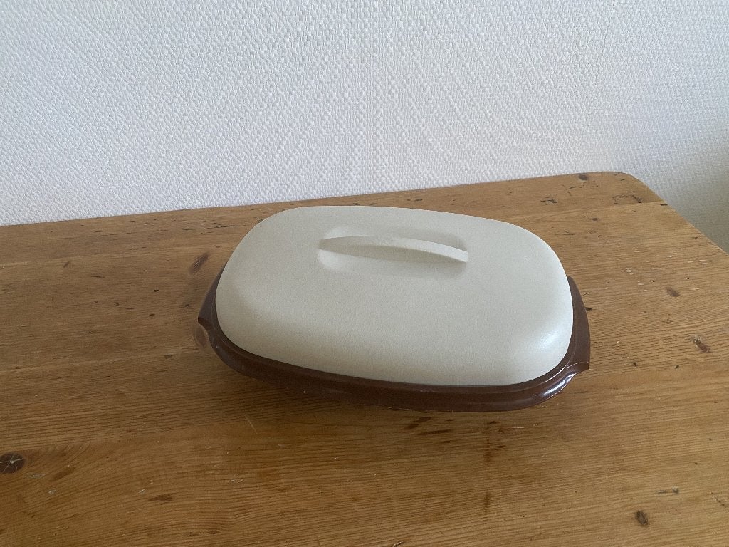 Tupperware Schaal met Vergiet en Verdeelbalkje (bruin/creme), Ophalen of Verzenden, Gebruikt, Bruin, Schaal