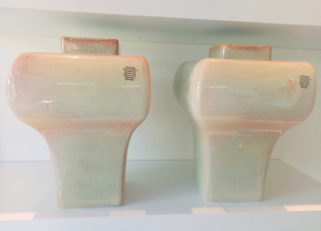 Set van 2 unieke keramische vazen - Crème/Roze, 28 cm, Handgemaakt, Beige, Nieuw