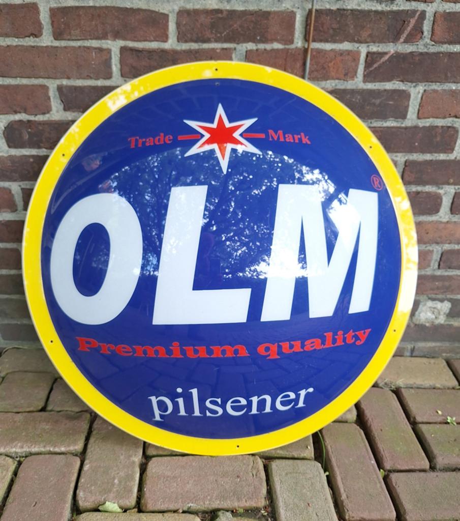 Reclamebord OLM Pilsener, kunststof/rond 69 cm. Izgst., Ophalen of Verzenden, Reclamebord