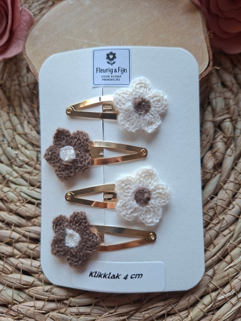 klikklak 4 cm met gebreide bloemetjes, Kinderen en Baby's, Haarspeld, Nieuw, Ophalen of Verzenden, Handgemaakt