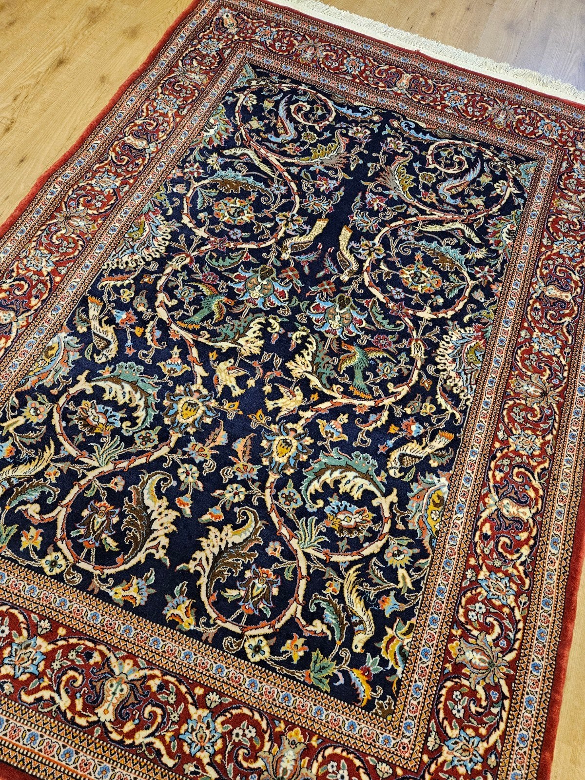 Vintage handgeknoopt perzisch tapijt ghom 206x136, Huis en Inrichting, Stoffering | Tapijten en Kleden, Info@SlatsAntiek.nl, Tweedehands