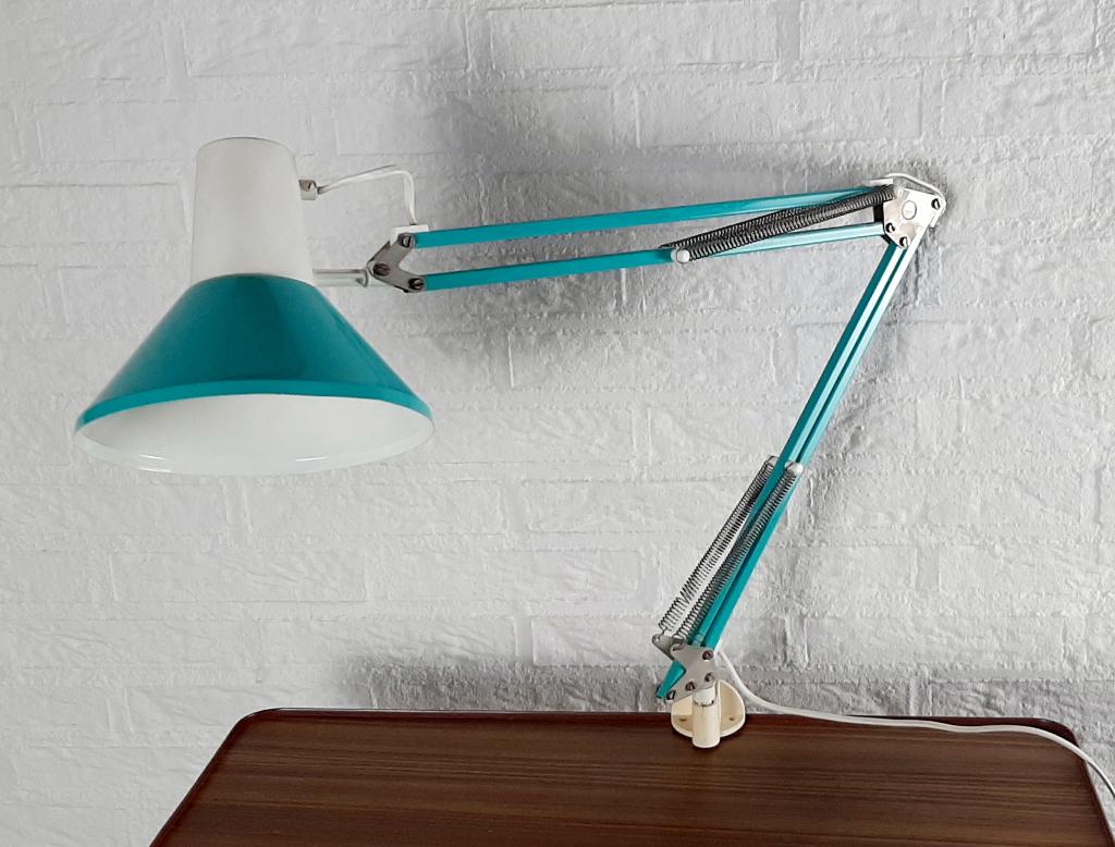 Vintage architectenlamp aqua blauw met wit, bureaulamp, Niet bekend, Verzenden, Vintage, Niet bekend