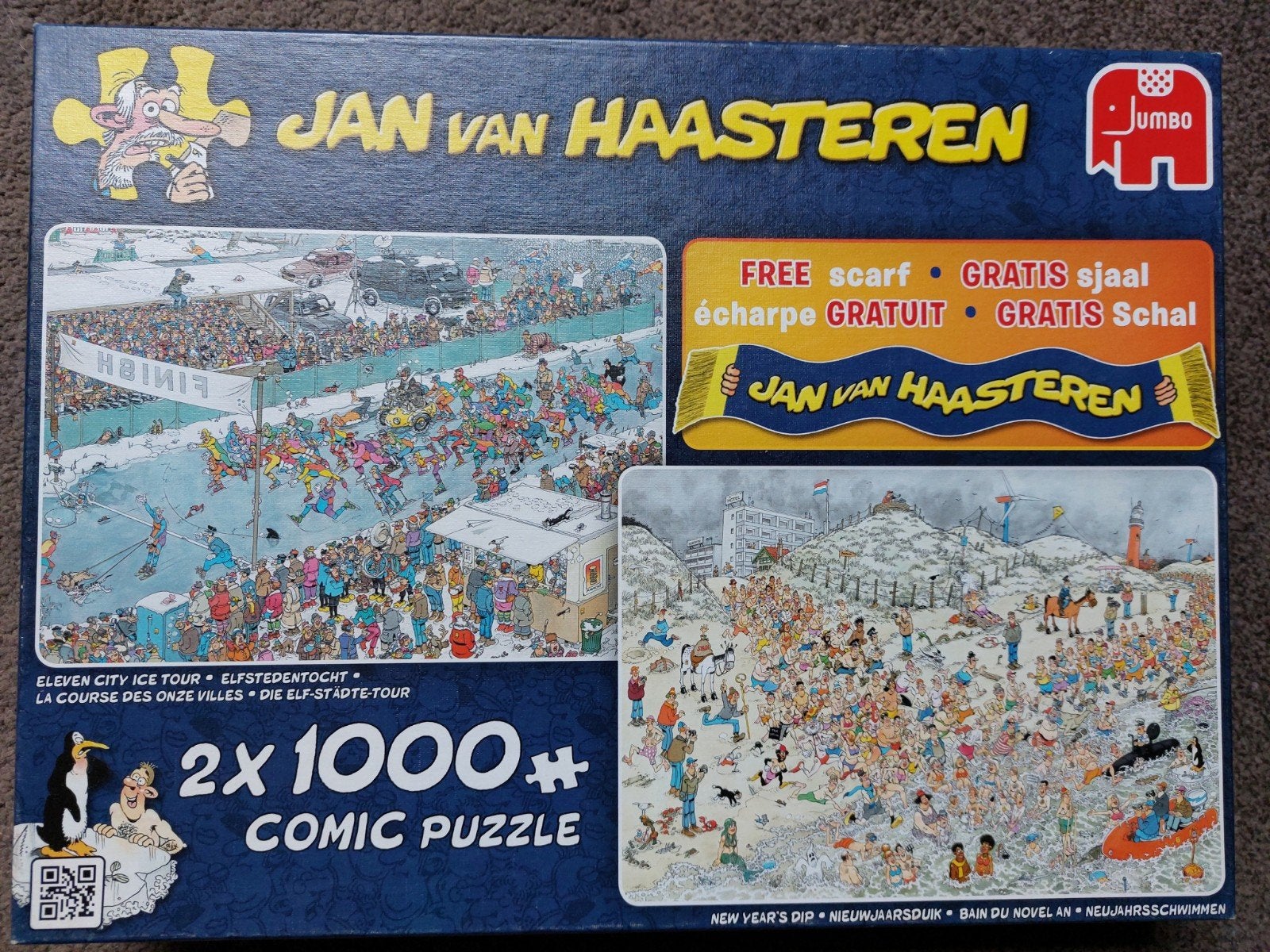 Jan van Haasteren, Elfstedentocht en Nieuwjaarsduik, 2x1000, Hobby en Vrije tijd, Denksport en Puzzels, Ophalen of Verzenden, 500 t/m 1500 stukjes