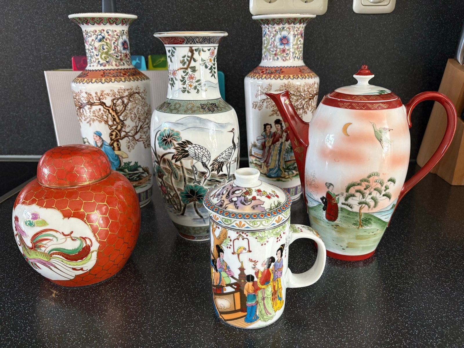 Set van 6 - Vazen, Theepot, Theemok - Porselein, Ophalen of Verzenden