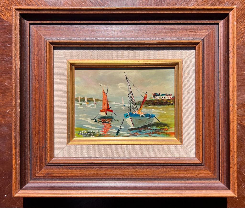 Schilderij met zeilboten in haven, inclusief lijst, Antiek en Kunst, Kunst | Schilderijen | Klassiek, Ophalen