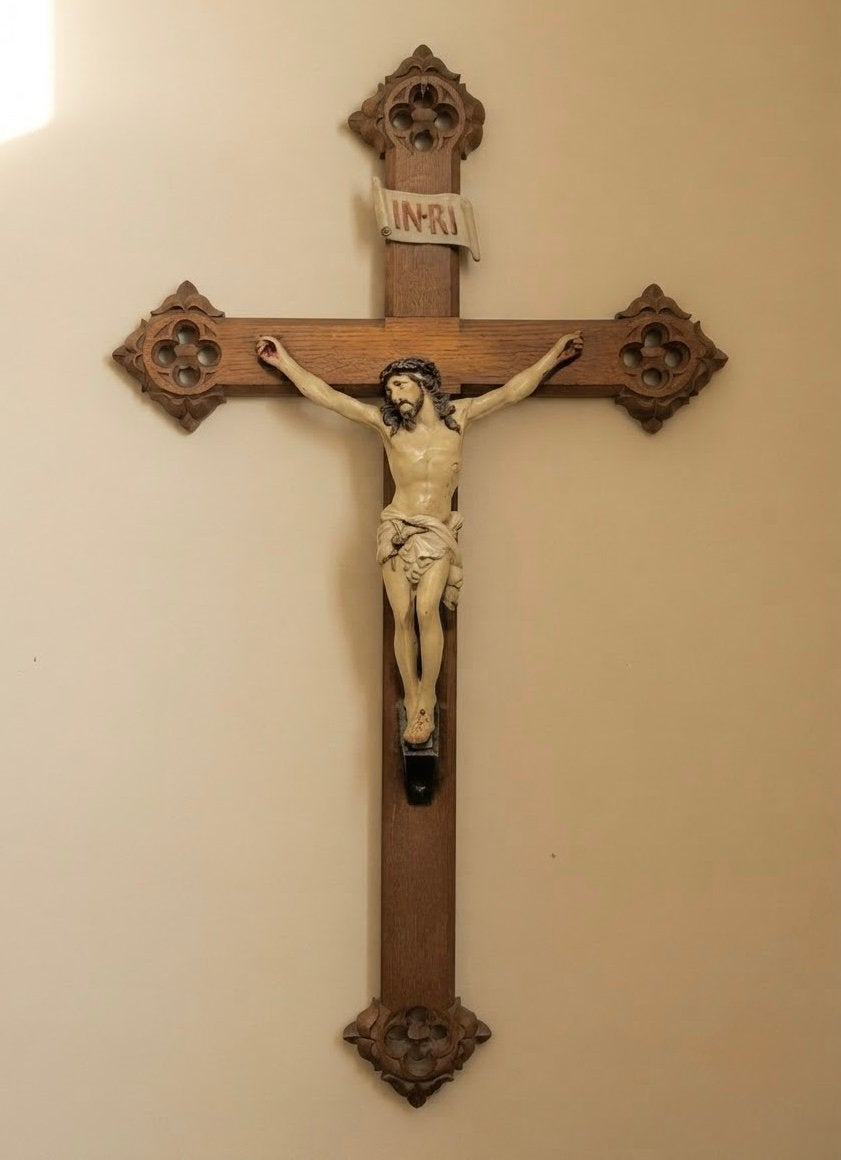 Prachtig groot neogotisch wandcrucifix (80x45 cm), Antiek en Kunst, Antiek | Religie, Ophalen of Verzenden