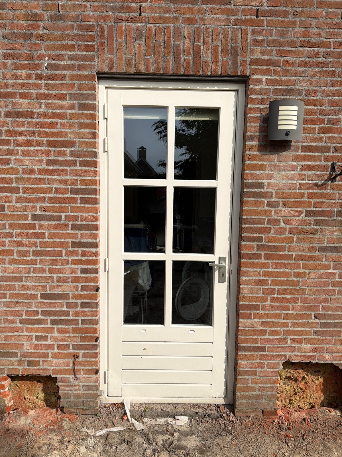 Crème Buitendeur met Glaspanelen en Horizontale Lamellen, Gebruikt, 80 tot 100 cm, Ophalen of Verzenden, 200 tot 215 cm