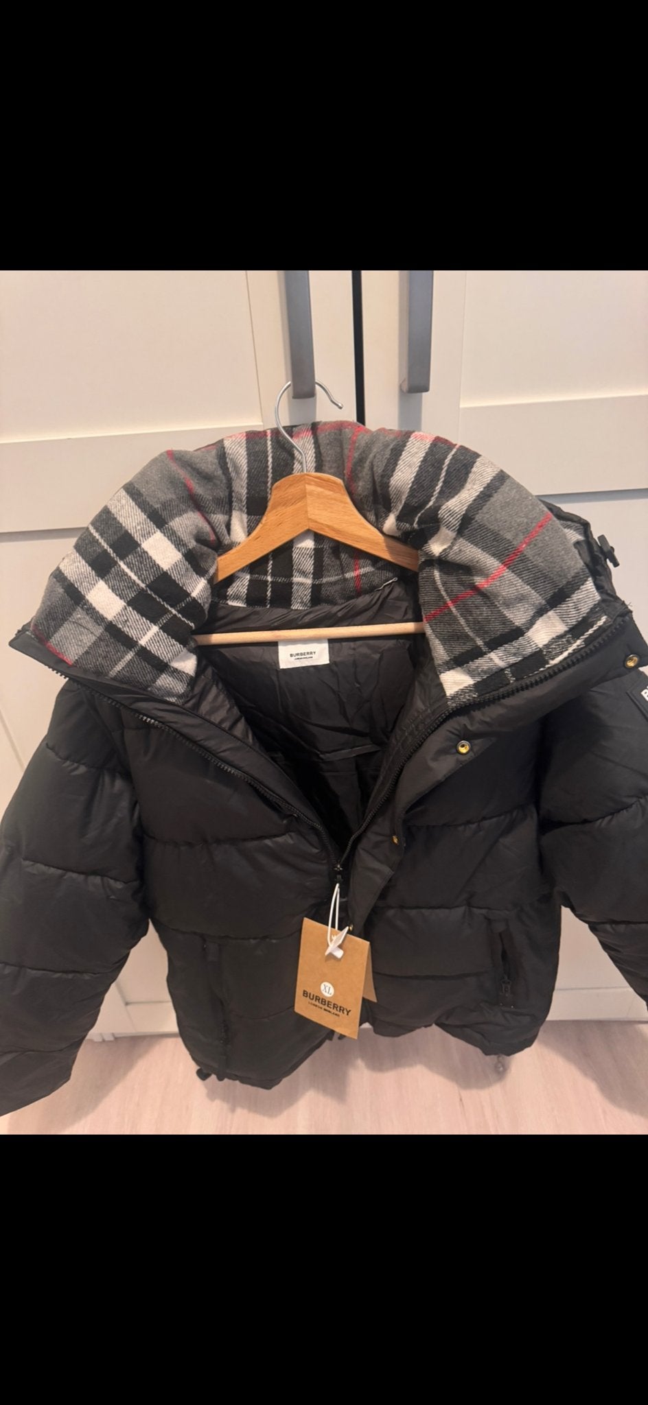 Burberry Puffer Jas Zwart met Geruite Kraag, Kleding | Heren, Ophalen of Verzenden, Nieuw, Zwart