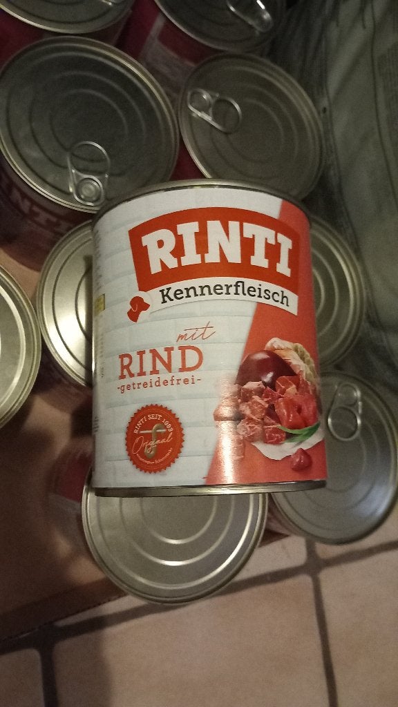 Hondenvoer 12 blikken Rinti 800gr, rund/rind. Nieuw, Dieren en Toebehoren, Dierenvoeding, Hond, Ophalen
