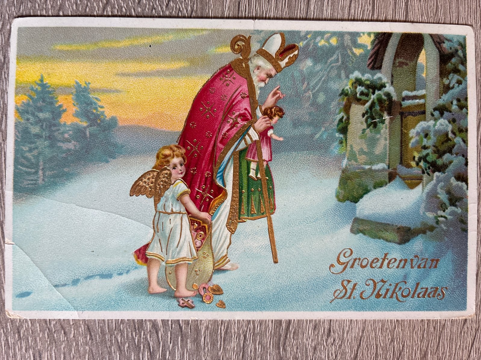 Oude Ansichtkaart - Groeten St. Nikolaas 1915 Sinterklaas, Ophalen of Verzenden, Voor 1920, Gelopen