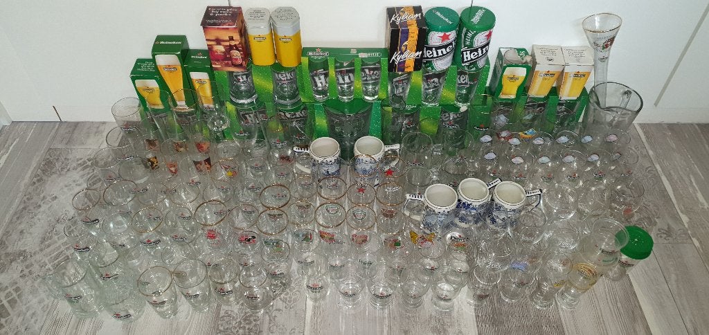Complete Heineken glazen partij met unieke exemplaren!, Ophalen of Verzenden, Zo goed als nieuw, Glas of Glazen, Heineken