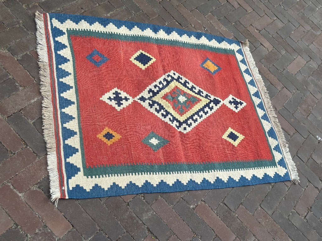 Vintage Vloerkleed Kelim Klein Kleed Tapijt 105x87, Vintage Kelim, Gebruikt, 200 cm of meer, Ophalen of Verzenden