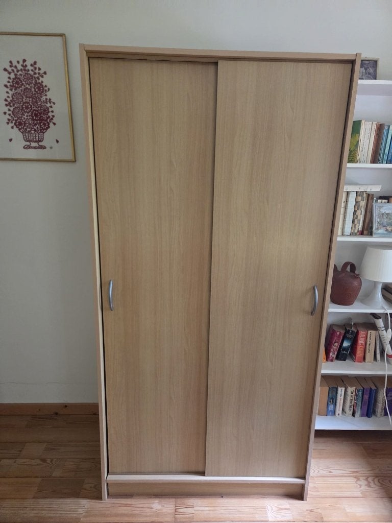 Compacte kledingkast met schuifdeuren, Ophalen, Met deur(en), 100 tot 150 cm, Licht eiken, vineer