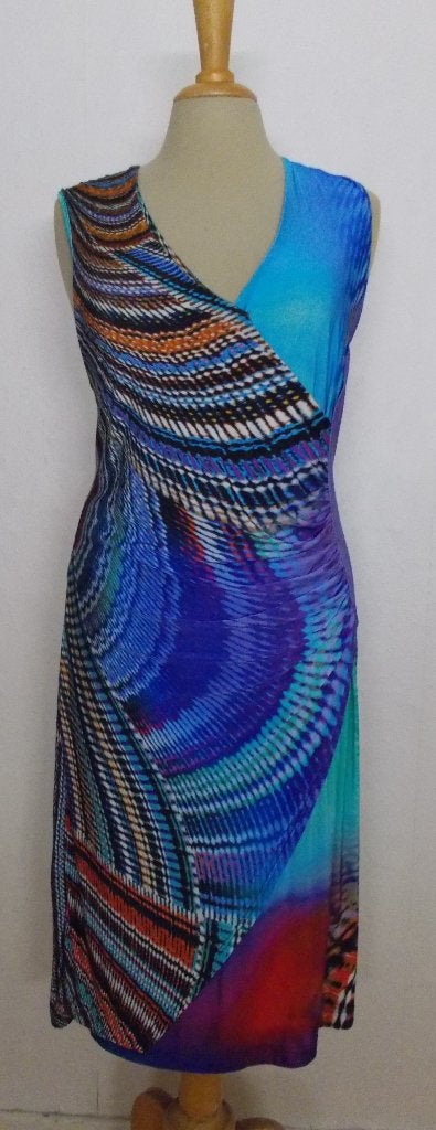 Mooie stretch print jurk v dure Belgische merk AmaNia Mo! 42, Maat 42/44 (L), Zo goed als nieuw, Onder de knie, Verzenden