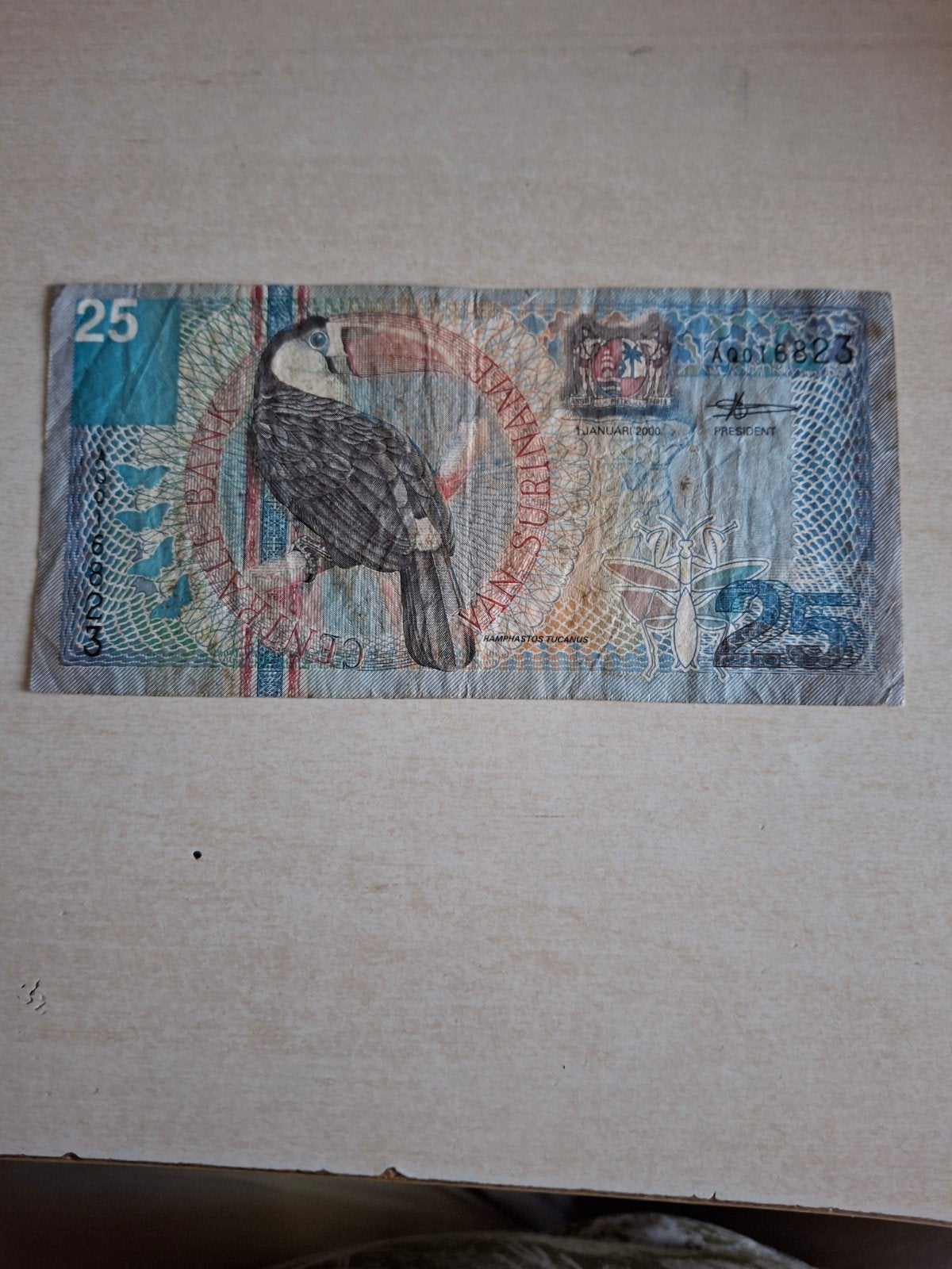 Surinaams biljet 25 gulden, 1 januari 2000, AQ016823, Ophalen of Verzenden