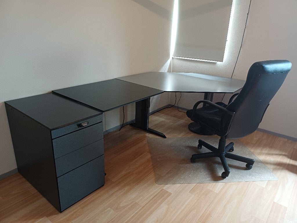 hoek bureau +ladenblok en bureaustoel, Huis en Inrichting, Bureaus, Ophalen, Gebruikt, Metaal, Hoekbureau