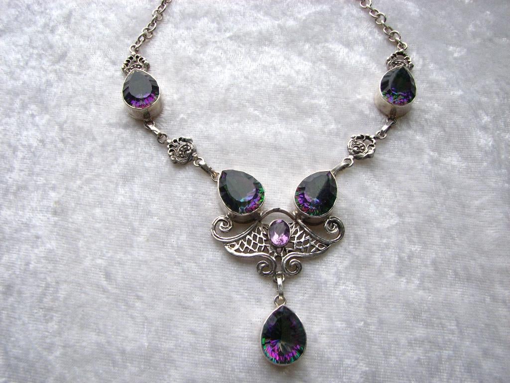 Prachtig Zilveren Collier met Mystic Topaas en Amethistje, Verzenden, Zilver, Ketting, Met edelsteen