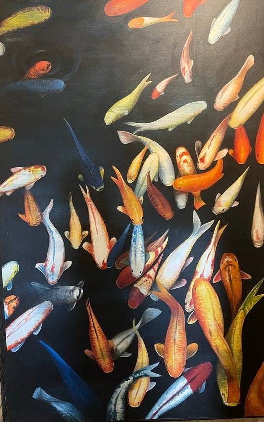 Groot schilderij met kleurrijke Koi karpers, Ophalen