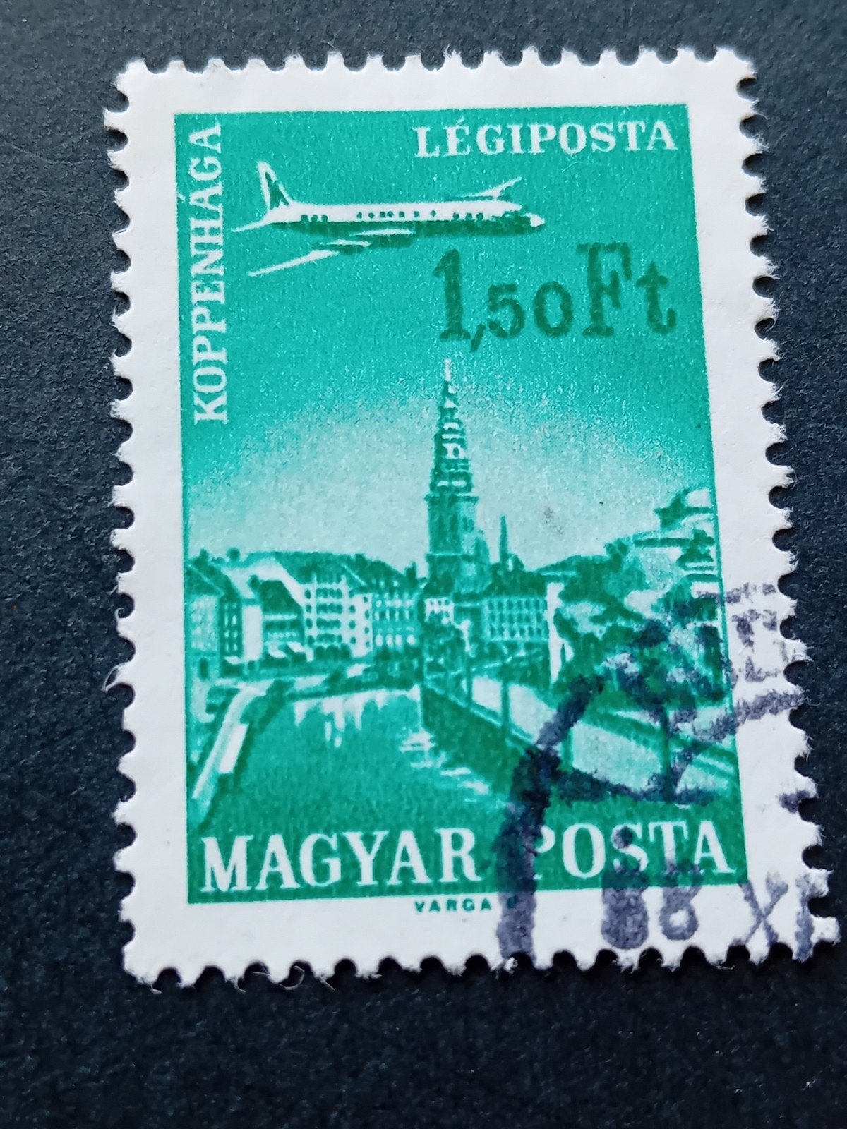 Hongaarse luchtpostzegel Kopenhagen 1,50 Ft gestempeld, Ophalen of Verzenden, Gestempeld
