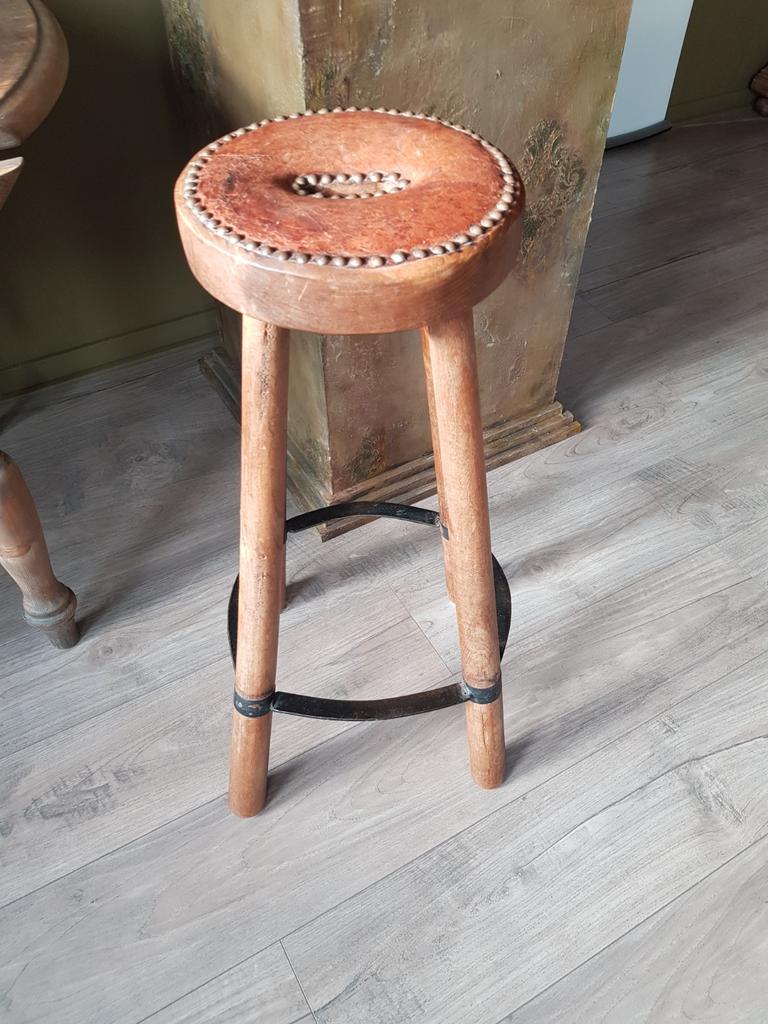 Vintage Spaanse barkruk, 1 kruk, Ophalen, Leer, 60 tot 90 cm