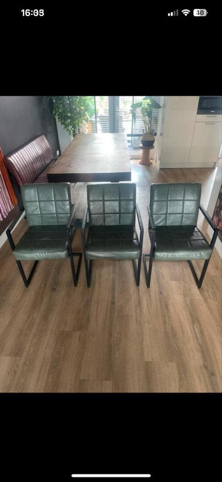3 Groene Leren Eetkamerstoelen, Huis en Inrichting, Stoelen, Ophalen, Gebruikt, Overige kleuren, Drie