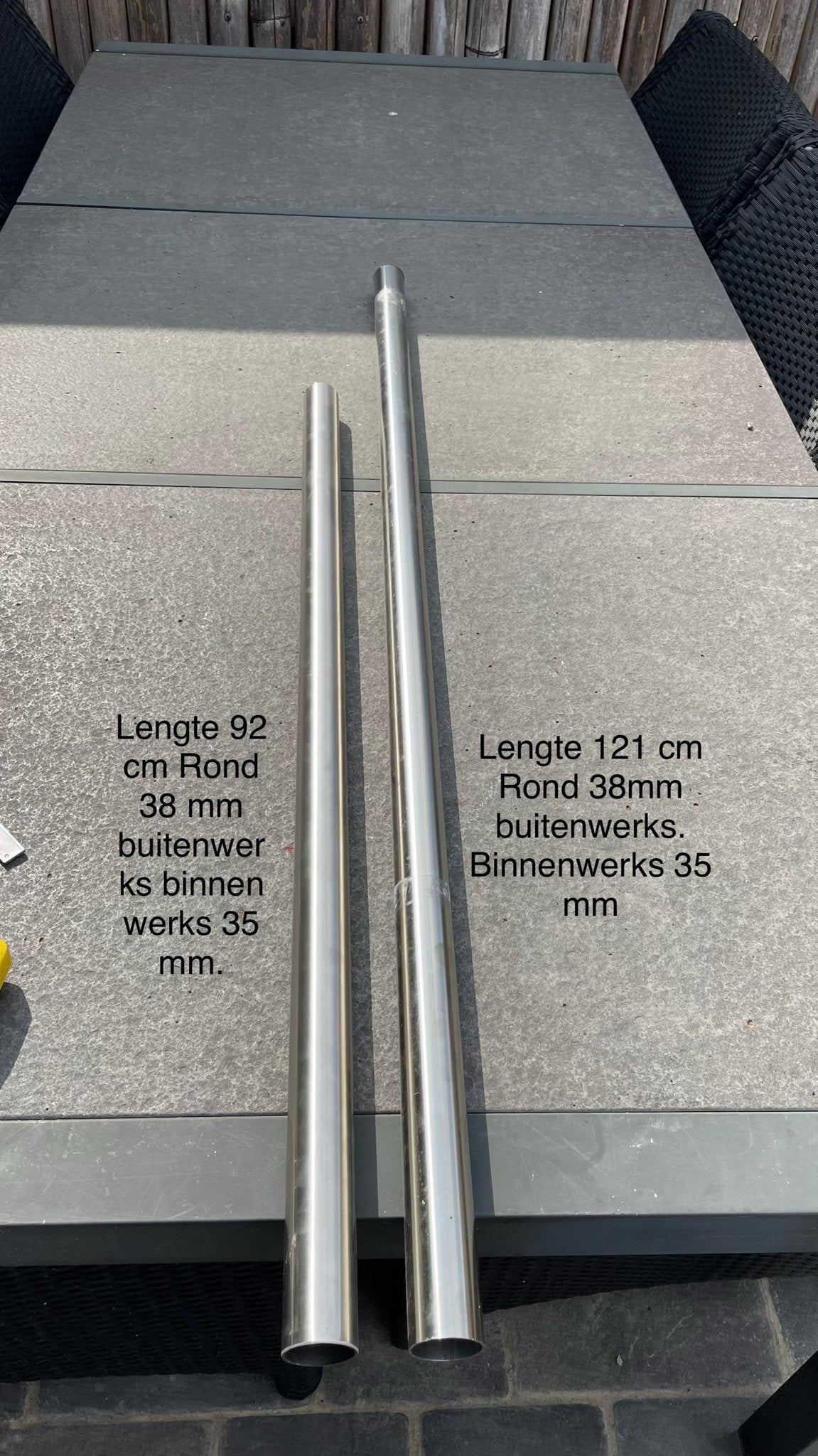 RVS buizen - 92 cm en 121 cm, 38 mm buitendiameter, Ophalen, Gebruikt, 20 tot 40 mm, Rvs